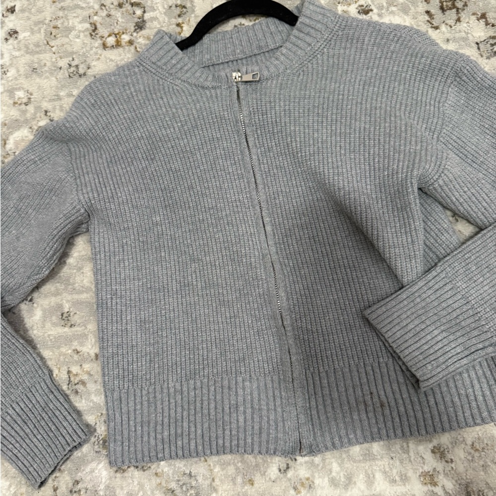 SHEIN Light Gray Ribbed Zip-Front Cardigan Sweater